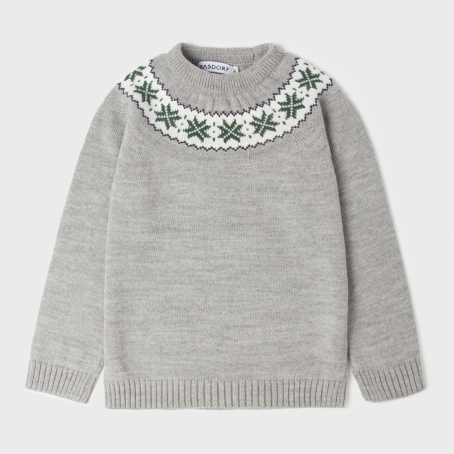 Gray sweater with bottle green fretwork