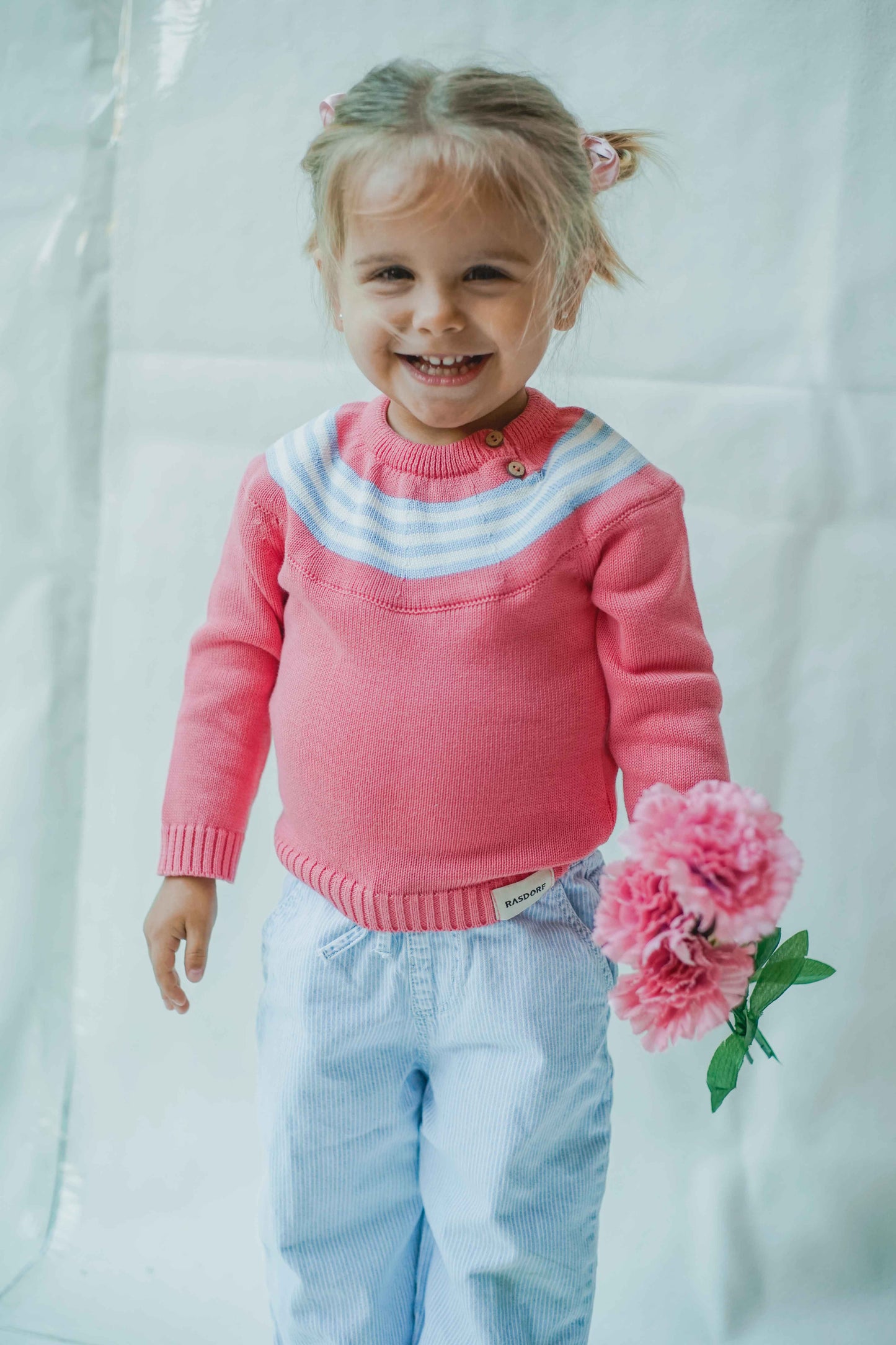 Jersey rosa con greca rayas celeste