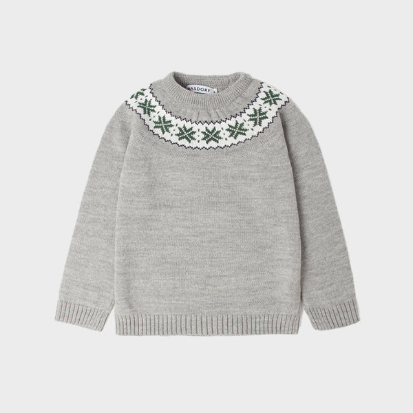 Gray sweater with bottle green fretwork